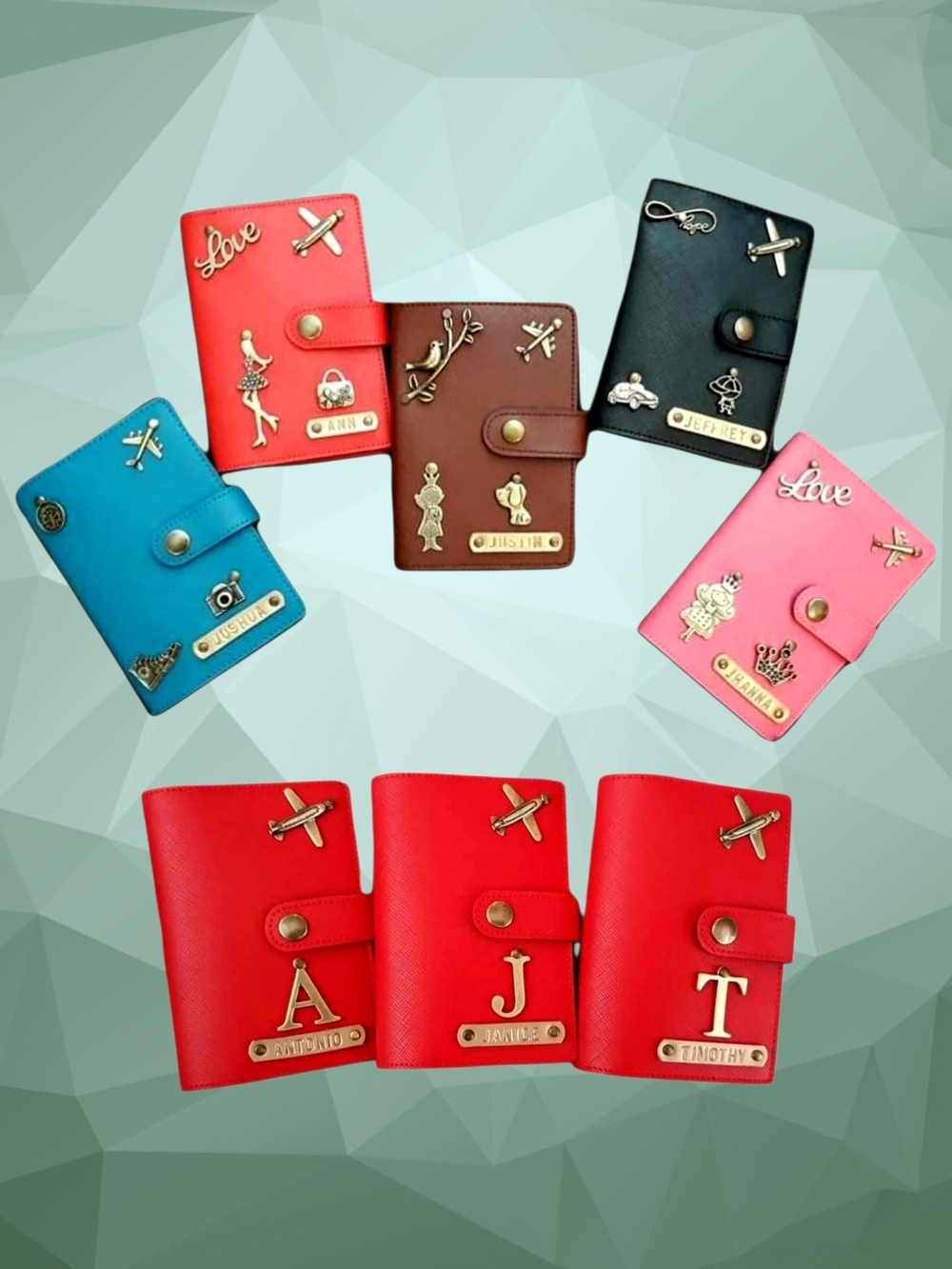 Personalized Passport Cover with Name and Brass Charms of Your Choice